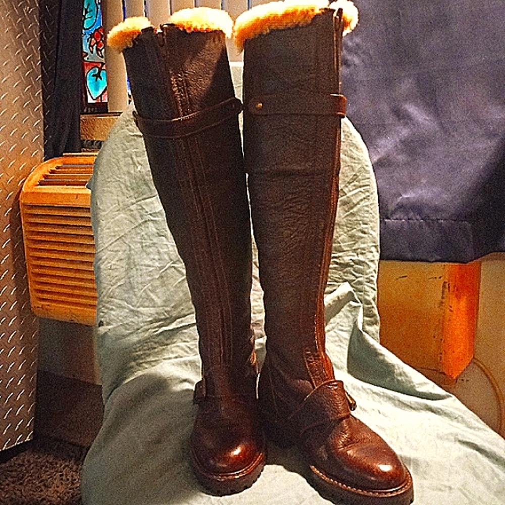 Ralph lauren brown leather knee high zip up boots with faux fur